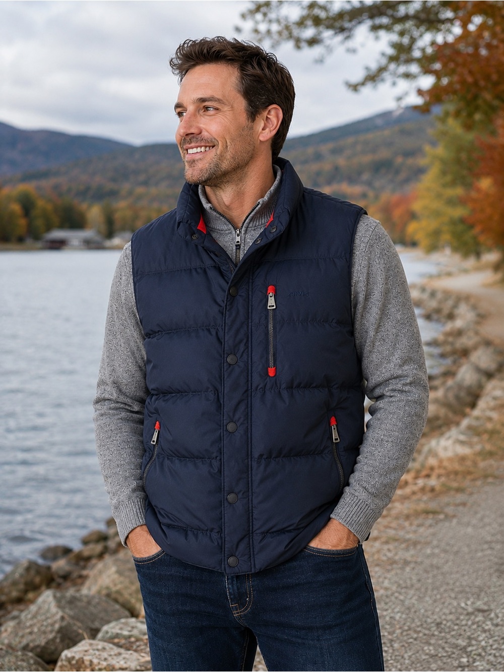Orvis Men’s XXL Navy Puffer Vest Orange Lining Full Zip Snap Front